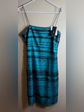 Rimini by Shaw Y2K Beaded Sheer Overlay Slip Dress Teal Size 10 NWT